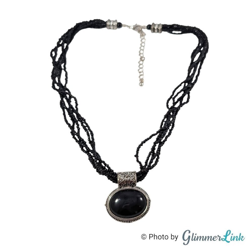 Black Multi Strand Seed Bead Black Cabochon Pendant Necklace